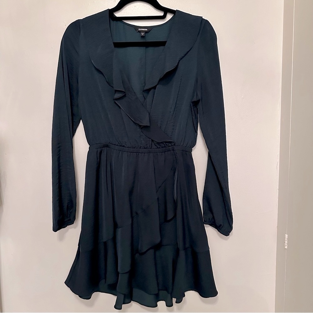 Express Long Sleeve V-Neck Dress - Dark Green - Size S